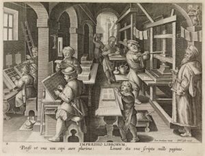 An illustration of a Flemish printer's shop, Impressio Librorum. Made in Antwerp, 1580-1605 CE. (British Museum, London)